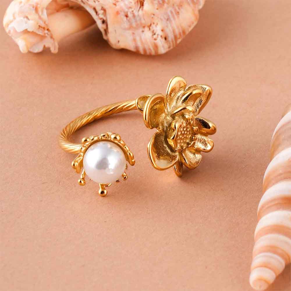 Open Shank Floral Pearl Gold Ring
