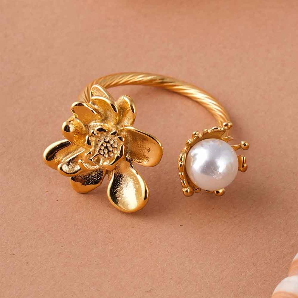 Open Shank Floral Pearl Gold Ring