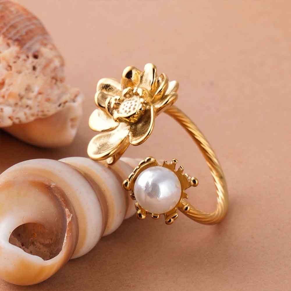 Open Shank Floral Pearl Gold Ring